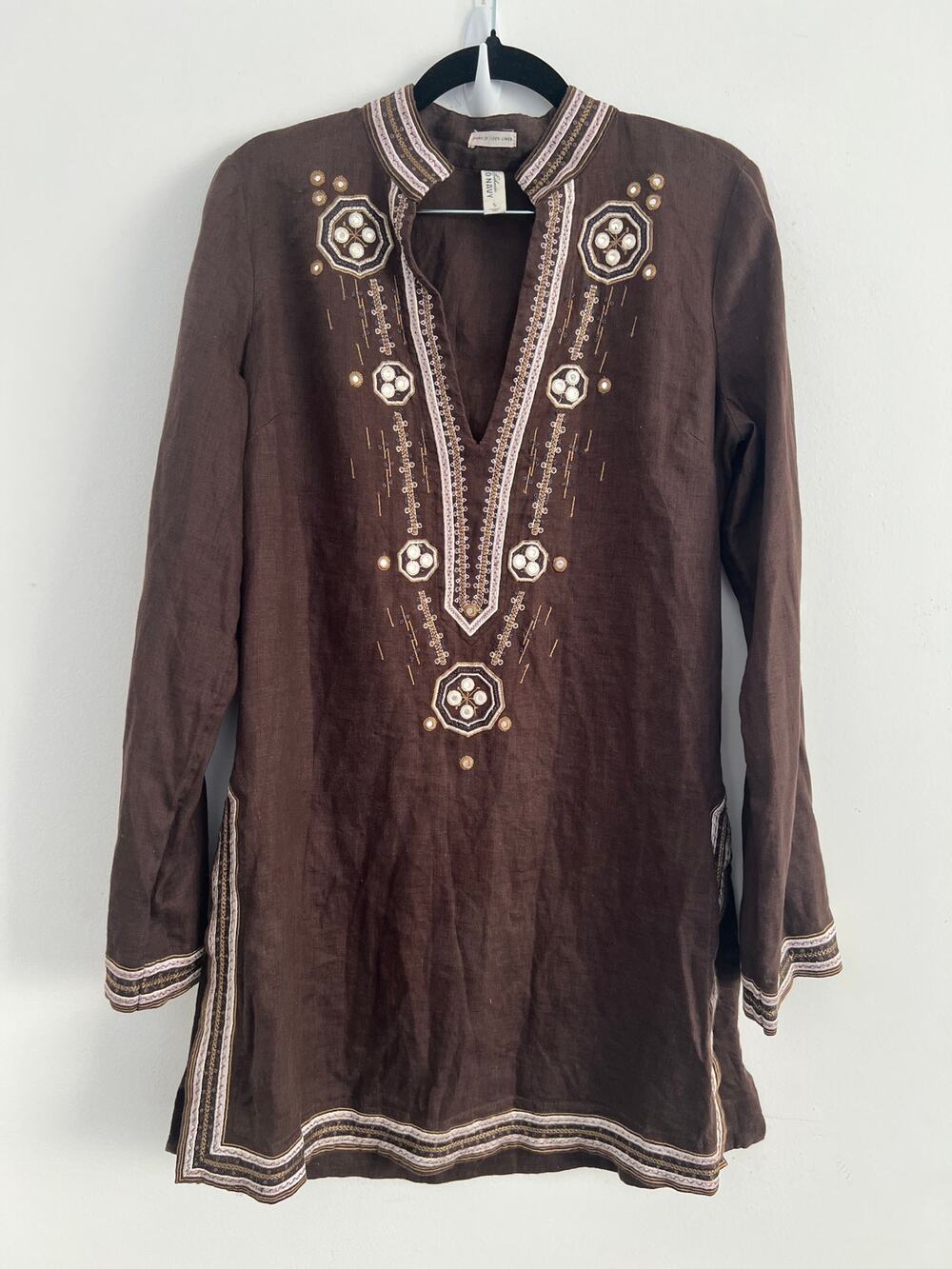 Old Navy Brown 100% Linen Embroidered Tunic Top Boho Mirror Blouse Size Small